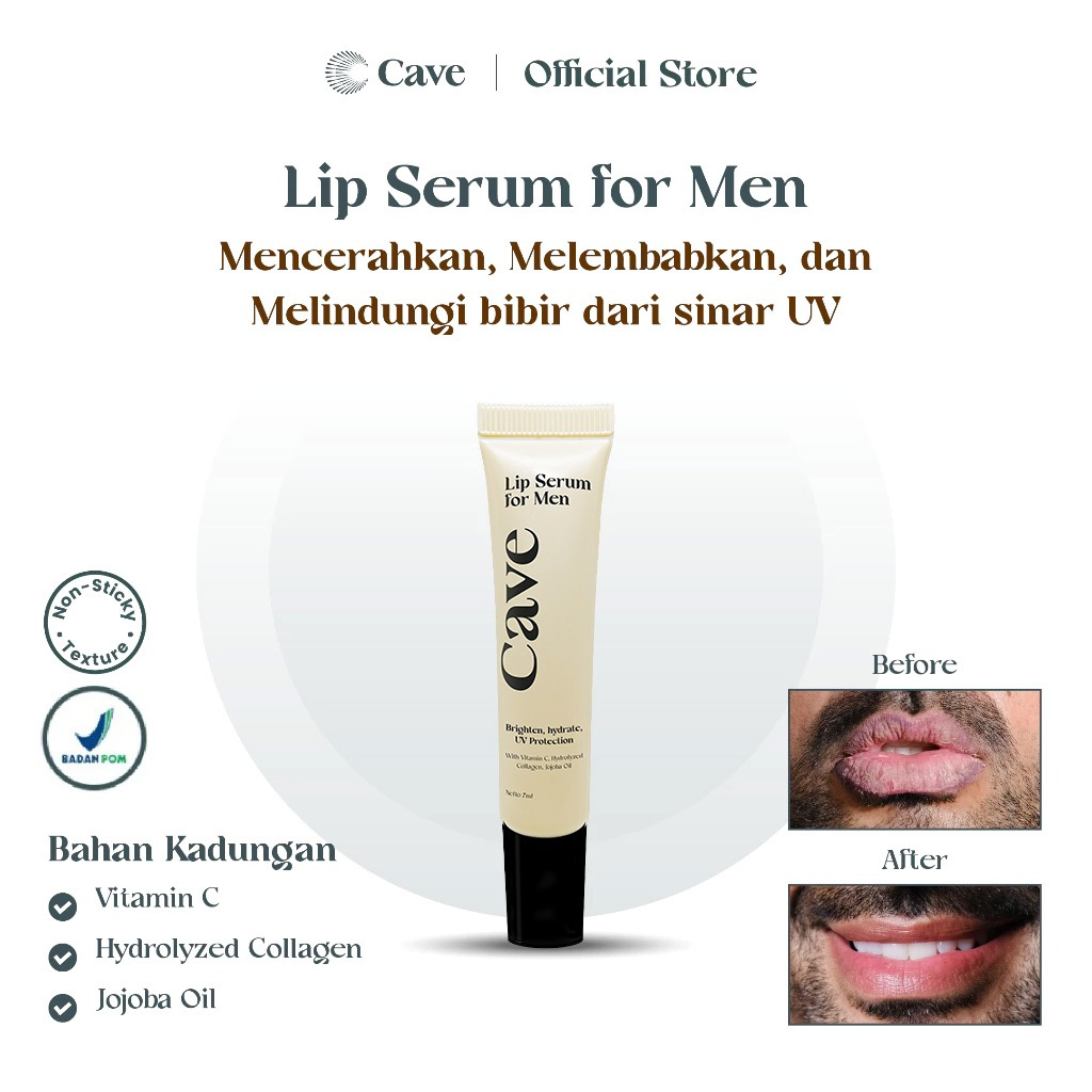 Cave Lif Serum For Men 7ml serum bibir khusus pria yang membantu mencerahkan, melembapkan, dan melindungi dari sinar UV, dengan kandungan Vitamin C hydrolyzed collagen, dan jojoba oil — foto 3