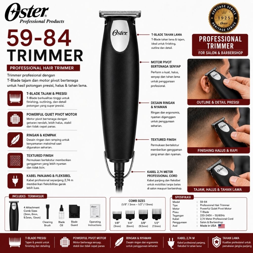 Oster 59-84 Trimmer Professional Hair Trimmer Mesin Cukur Kumis Jenggot Detail Trimmer Barber Salon T Blade Presisi Pivot Motor Alat Cukur Rambut Finishing Outline Hair Clipper Original Import — foto 2