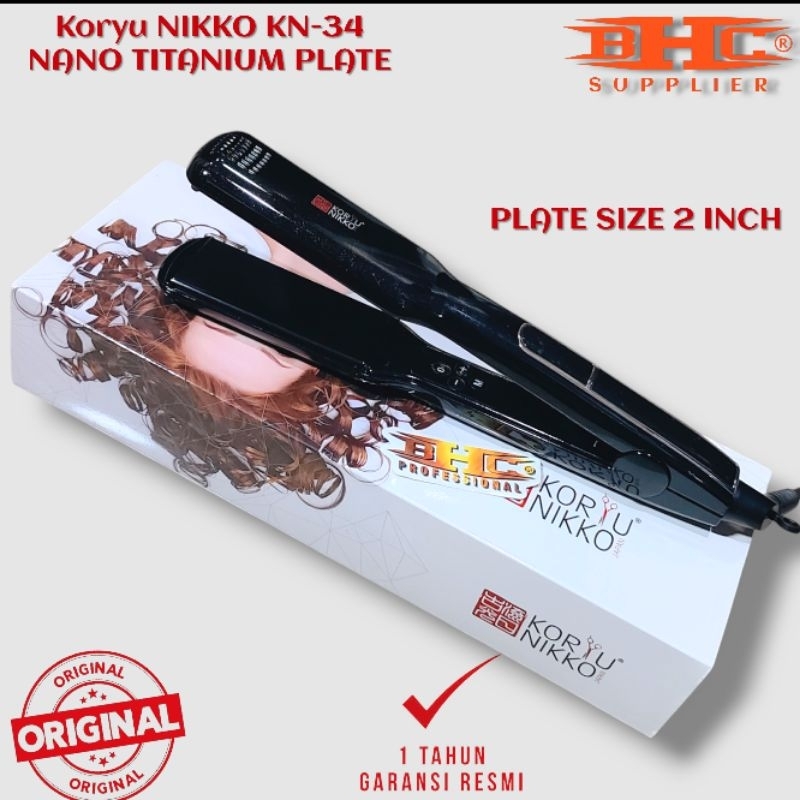 Koryu Nikko Catokan KN-34 Hitam Original Size Plat Lebar Nano Titanium Catok Rambut Pelurus Rambut Hair Straightener