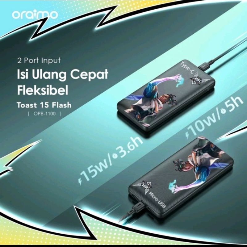Oraimo Powerbank x MPL Mobile Legends Toast 15 Flash Real Capacity 10000mAh OPB-1100 Triple Output 5V 3A Micro USB Type-C Fast Charging Quick Charge — foto 2