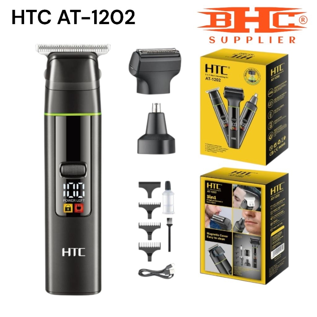 HTC AT-1202 Alat Cukur Rambut & Jenggot 3 in 1 Trimmer Shaver Nose Hair Clipper Rechargeable — foto 4