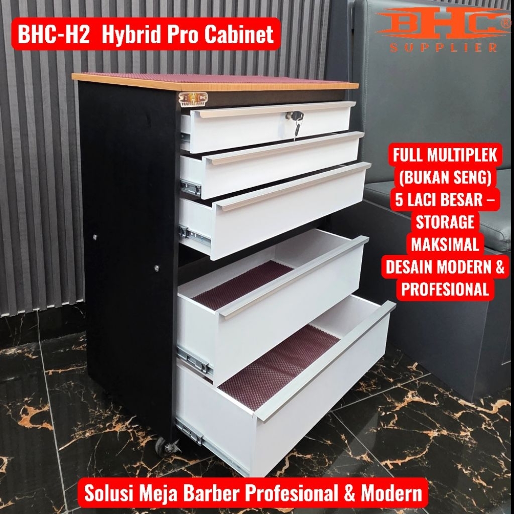 BHC H2 – Hybrid Pro Cabinet 5 Laci Meja Barber 5 Laci Multiplek Premium Bukan Seng Cabinet Barber Salon Modern Rak Alat Cukur Barbershop Dengan Kunci Roda Rem Hairdryer Holder Kuat Awet Anti Air Anti Gores Storage Besar Profesional