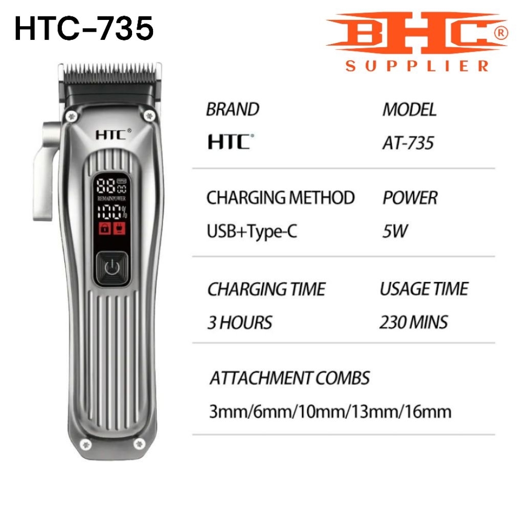 HTC AT-735 Mesin Cukur Rambut & Jenggot Profesional Hair Clipper Trimmer Rechargeable LED Display — foto 2