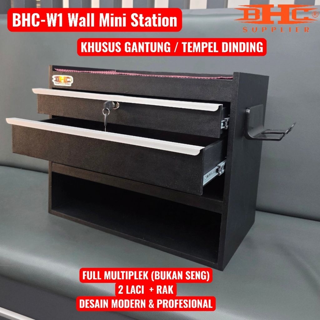 BHC M1 Wall Mini Station Meja Barber Tempel Dinding Multiplek Premium Bukan Seng Rak Barber Wall Mounted Salon Minimalis Hemat Tempat Hairdryer Holder Meja Cukur Barbershop Modern Kuat Awet Anti Air Anti Gores — foto 3