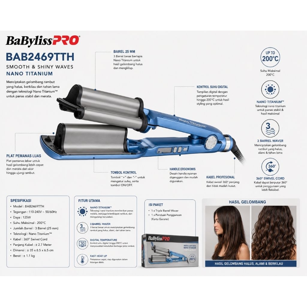 BaBylissPRO Deep Waver Nano Titanium Triple Barrel Original Hair Waver Catok Gelombang Rambut Professional Deep Waves Ionic LED Temperature 210°C Salon Hair Stylist Premium — foto 2