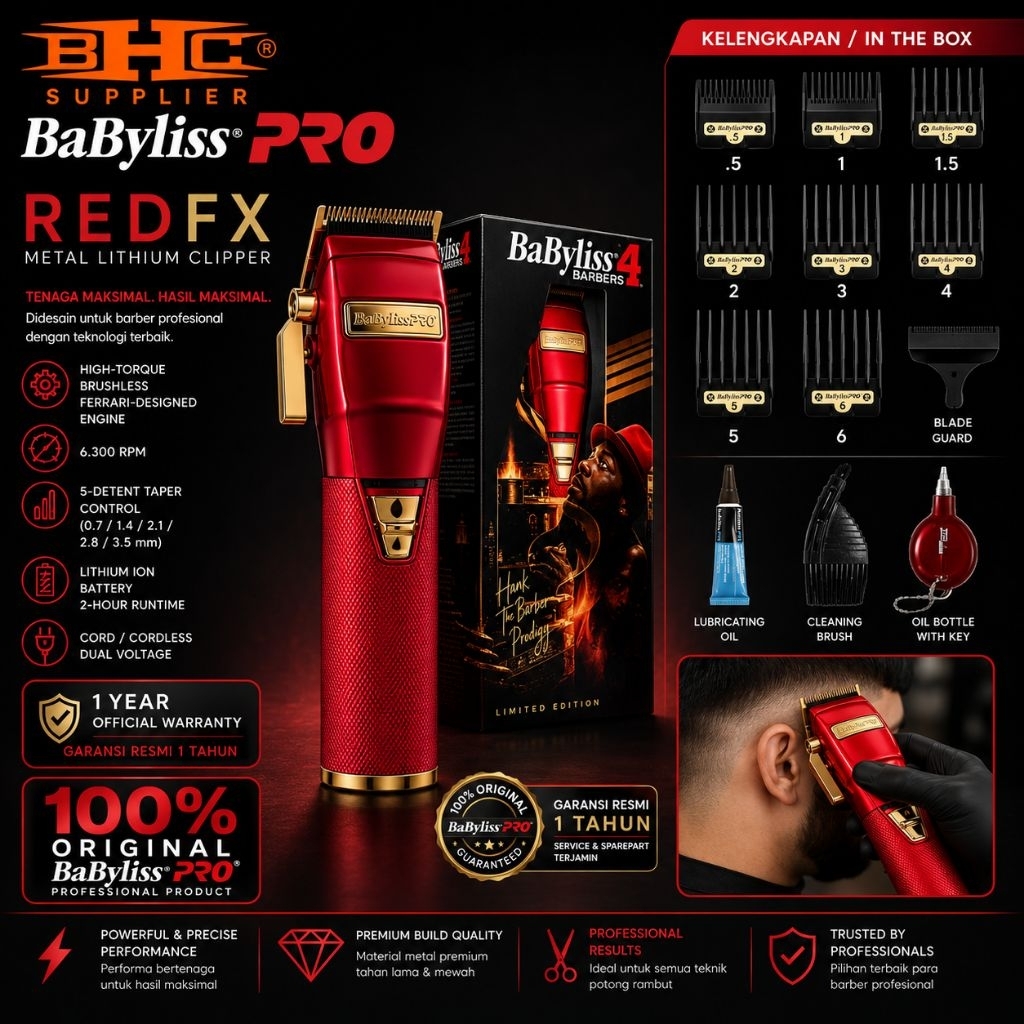 BaBylissPRO RedFX Metal Lithium Clipper Original Mesin Cukur Rambut Barber Professional Cordless Rechargeable Ferrari Brushless Motor 6300 RPM Garansi Resmi 1 Tahun Alat Cukur Rambut Salon Barbershop Hair Clipper Premium White