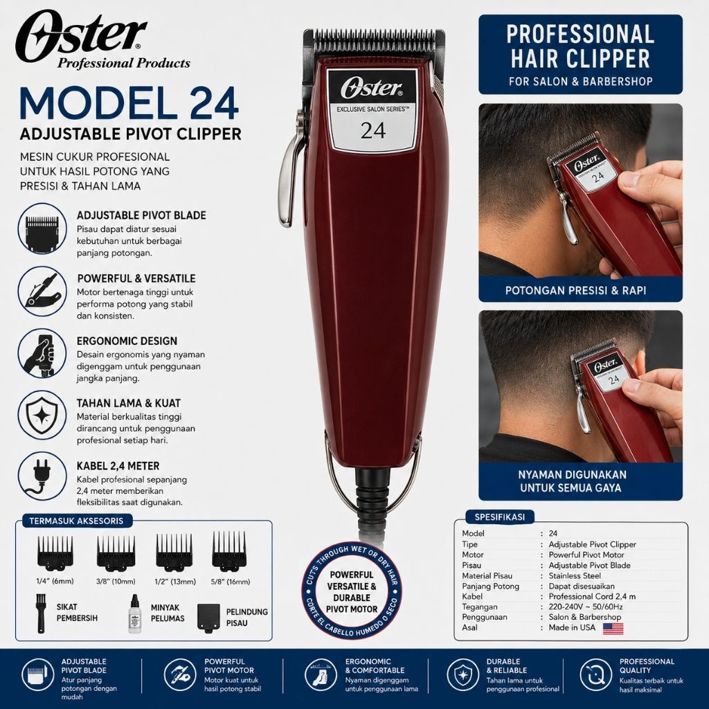 Oster Model 24 Adjustable Pivot Clipper Mesin Cukur Rambut Profesional Barber Salon Hair Clipper Alat Pangkas Rambut Heavy Duty Motor Pivot Adjustable Blade Potong Rambut Barbershop Original Import Corded — foto 2