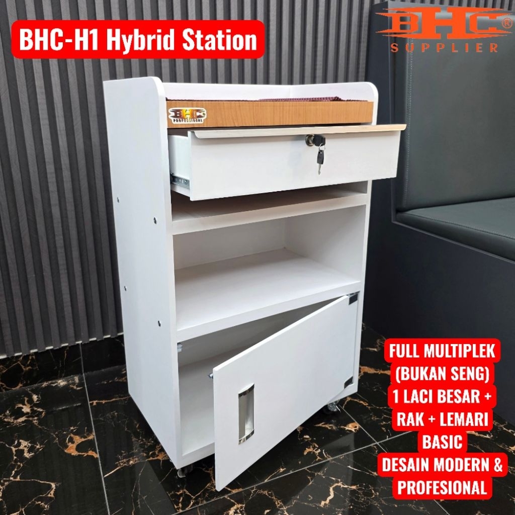 BHC H1 – Hybrid Station BHC H1 Meja Barber Minimalis Multiplek Premium Bukan Seng Meja Salon Rak Alat Cukur Barbershop Modern 1 Laci Kunci Roda Rem Hairdryer Holder Kuat Awet Anti Air Anti Gores Desain Simple Profesional
