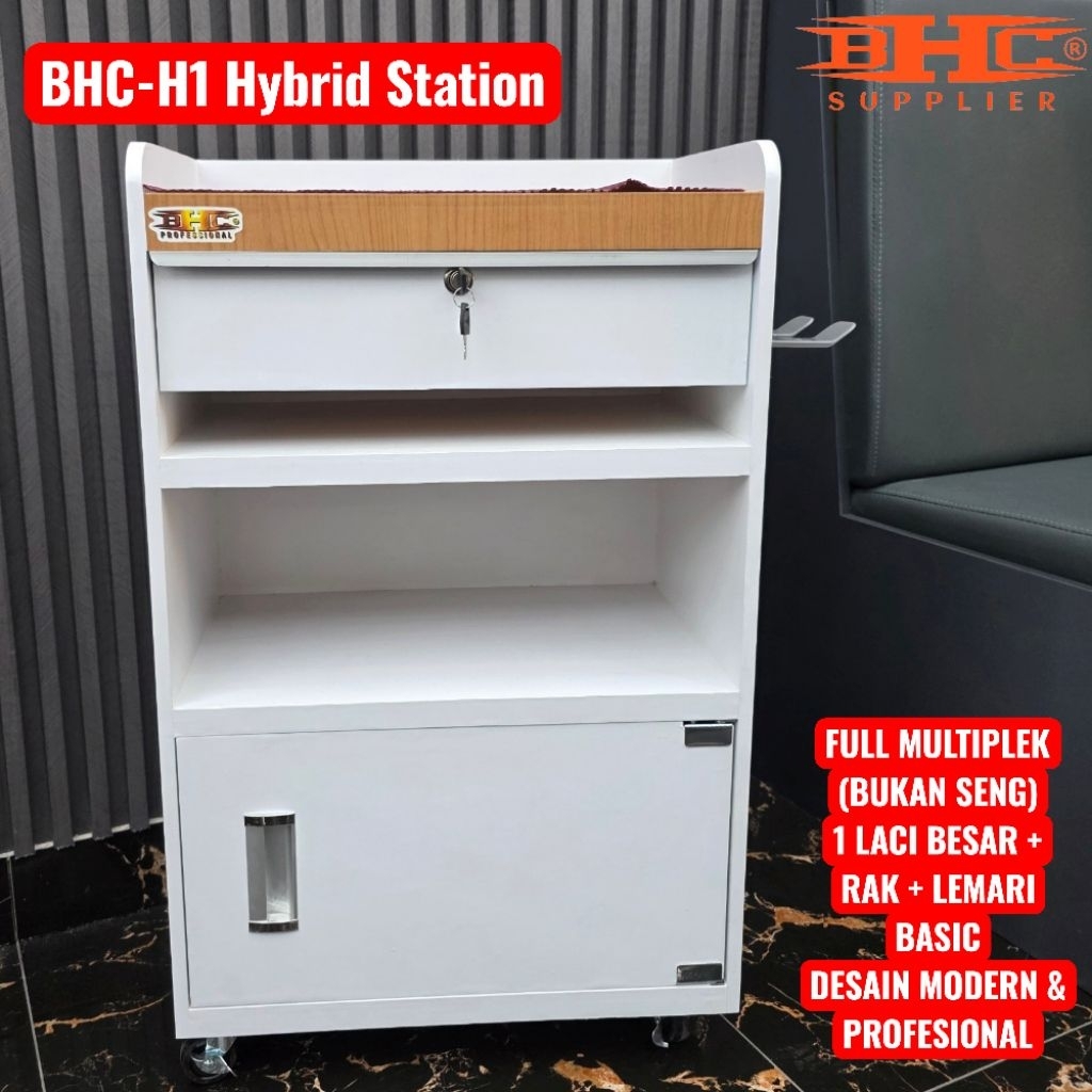 BHC H1 – Hybrid Station BHC H1 Meja Barber Minimalis Multiplek Premium Bukan Seng Meja Salon Rak Alat Cukur Barbershop Modern 1 Laci Kunci Roda Rem Hairdryer Holder Kuat Awet Anti Air Anti Gores Desain Simple Profesional — foto 3
