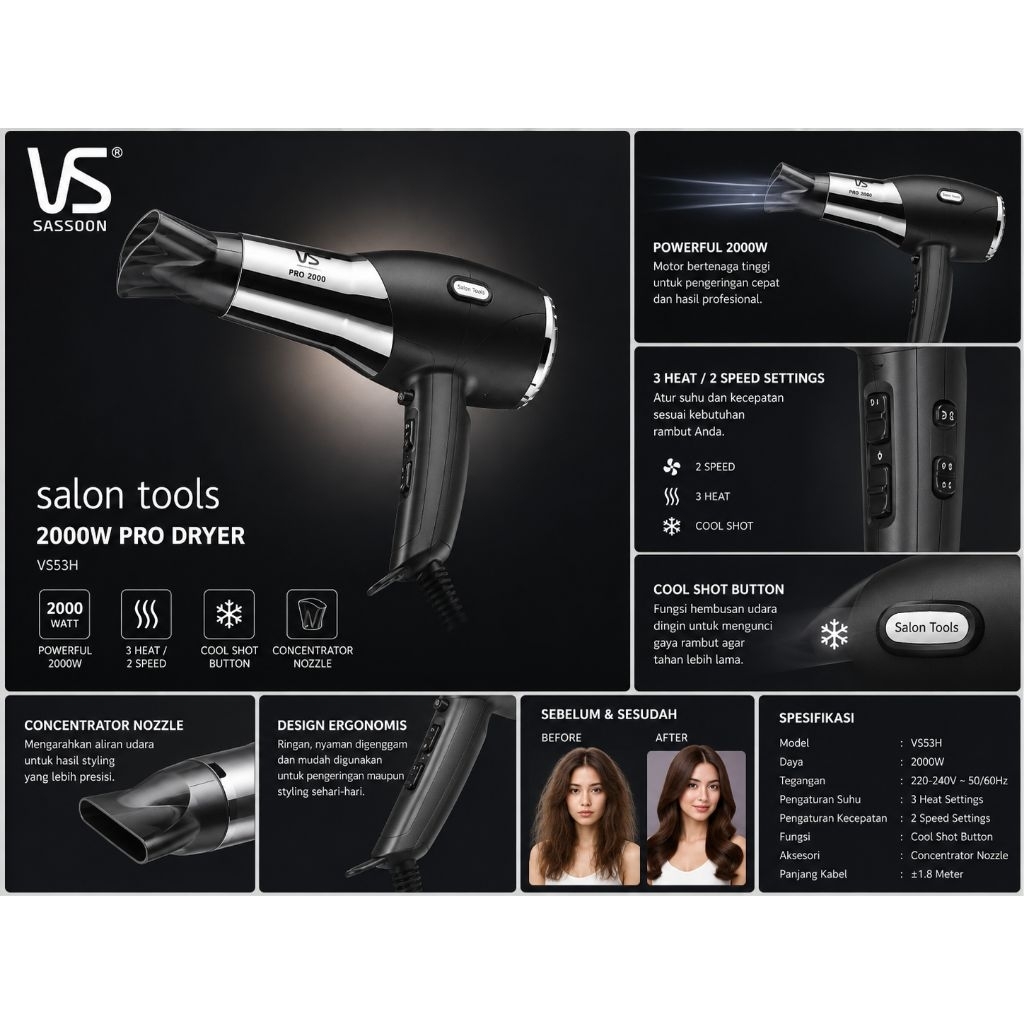VS Sassoon Salon Tools Hair Dryer 2000W Pro Dryer VS53H Hair Dryer Profesional Pengering Rambut 2000 Watt Blow Hair Dryer Salon Cool Shot 3 Heat 2 Speed Concentrator Nozzle Hair Dryer Styling Barbershop Salon Home Use — foto 2