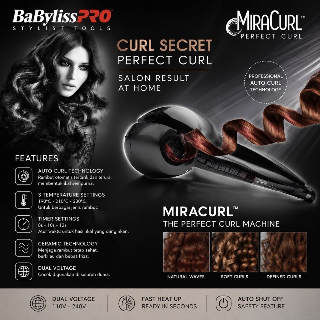 BaByliss PRO Miracurl Perfect Curl BAB2665H Auto Curler Mesin Catok Curly Otomatis Professional Nano Ceramic Hair Curler Alat Pengeriting Rambut Salon Profesional Original Styling Tools Curl Maker — foto 2