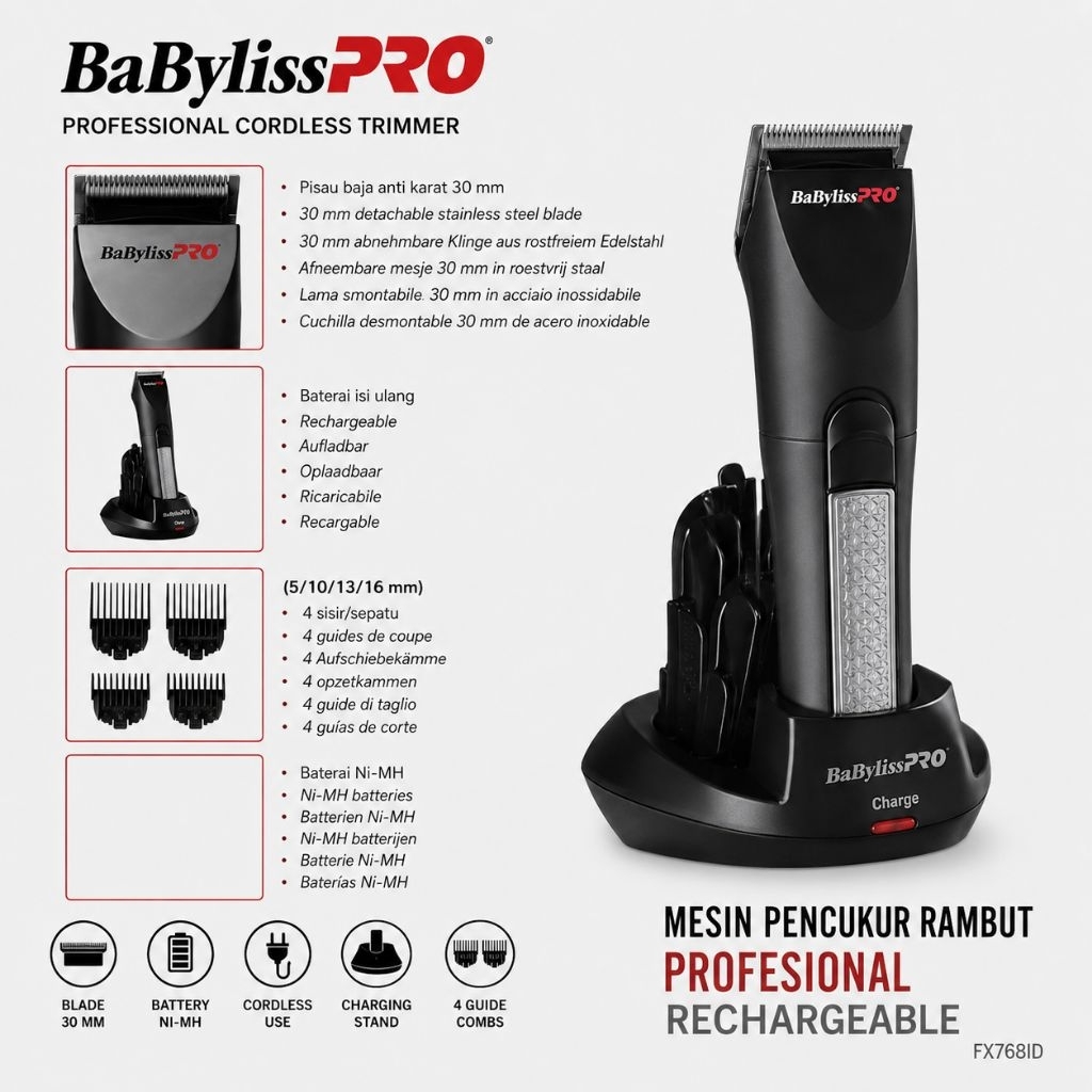 BaBylissPRO FX768ID Cordless Trimmer Original Professional Hair Trimmer Mesin Cukur Rambut Rechargeable Barber Salon Detail Trimmer Outline Jenggot Kumis Finishing Wireless Clipper — foto 3