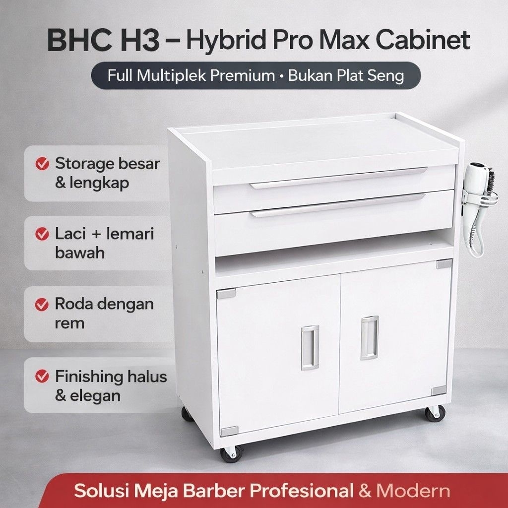 BHC H3 – Hybrid Pro Max Cabinet Meja Barber Cabinet Besar Multiplek Premium Bukan Seng Meja Salon Profesional Laci Lemari Roda Rem Hairdryer Holder Rak Alat Cukur Barbershop Modern Kuat Awet Anti Air Anti Gores Minimalis — foto 2