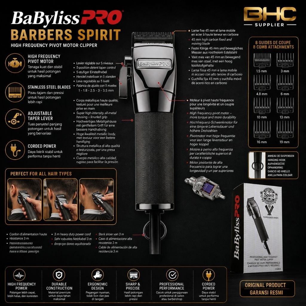 BaBylissPRO Barber Spirit FX880E Clipper Original Professional Pivot Motor Hair Clipper Mesin Cukur Rambut Barber Salon Corded Adjustable Taper Lever Stainless Steel Blade Heavy Duty — foto 2