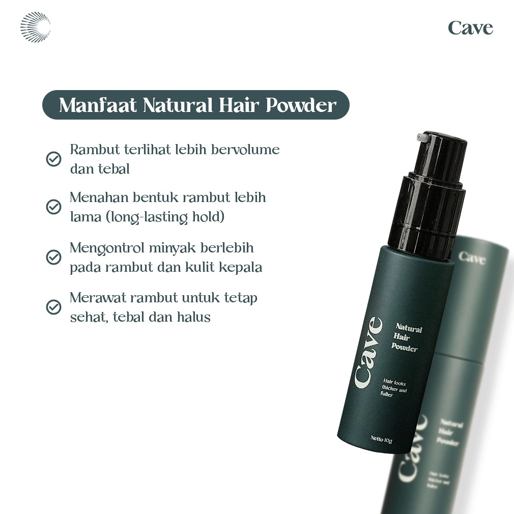 Cave Natural Hair Powder 10gr hairstyling yang membuat rambut terlihat lebih bervolume, tebal, dan anti lepek dengan hasil akhir matte yang natural, sekaligus membantu mengontrol minyak berlebih dan menutrisi rambut — foto 2
